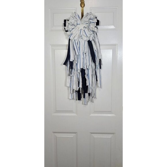 Beach Rag Bow, Starfish Rag Bow, Summer Coastal White/Blue Stripe Wreath Rag Bow - Picture 4 of 12